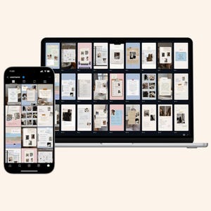 May include: A smartphone and laptop display a collection of social media templates. The templates feature a variety of layouts with photos, text, and design elements in a neutral color palette. The phone shows a grid view, while the laptop displays a larger, organized view.