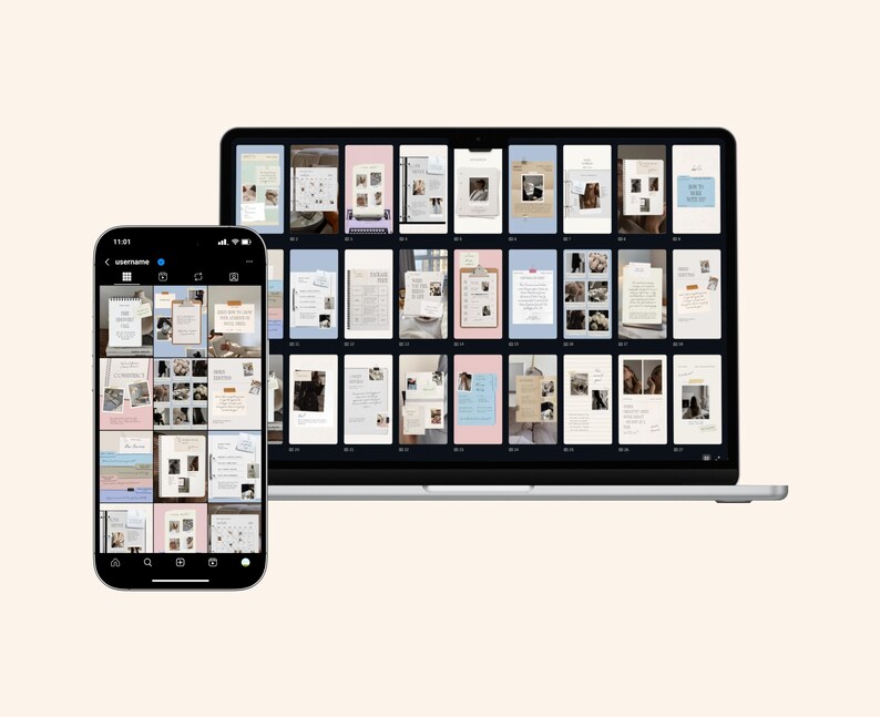 May include: A smartphone and laptop display a collection of social media templates. The templates feature a variety of layouts with photos, text, and design elements in a neutral color palette. The phone shows a grid view, while the laptop displays a larger, organized view.