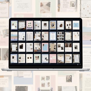 May include: A laptop displaying a grid of digital templates with photos and text. Surrounding the laptop are various stationery items, including a clipboard, notebook, and loose papers. The color palette is soft, with beige, pink, and white tones.