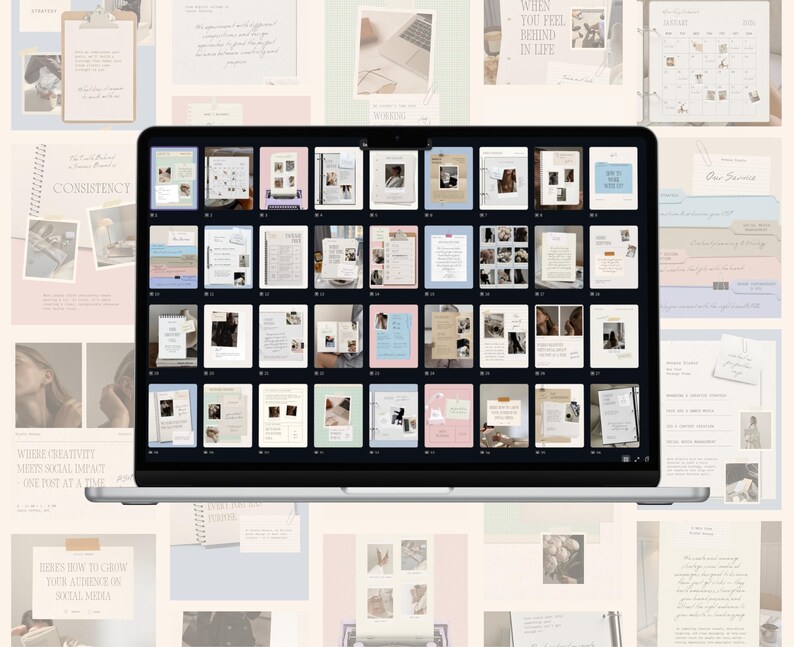 May include: A laptop displaying a grid of digital templates with photos and text. Surrounding the laptop are various stationery items, including a clipboard, notebook, and loose papers. The color palette is soft, with beige, pink, and white tones.