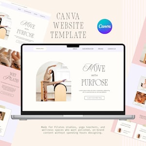 Pode incluir: Um modelo de site é exibido em um laptop com o texto "Move with Purpose". O design apresenta uma mulher fazendo Pilates. O logotipo da Canva também é visível.