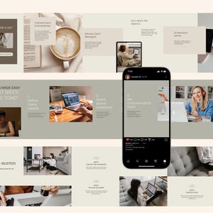 Puede incluir: Una presentación de marketing digital en tonos neutros. La imagen incluye un teléfono inteligente, una computadora portátil y una tableta, con texto como "Time to Hire a VA?" y "Onboarding Made Easy". La presentación también presenta imágenes de personas que usan computadoras portátiles.