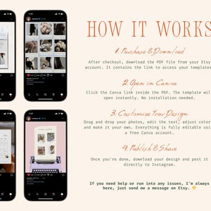 May include: A digital marketing guide titled "HOW IT WORKS" with instructions for purchasing, downloading, opening in Canva, customizing, and publishing designs. The guide includes screenshots of a phone displaying design templates and a calendar.
