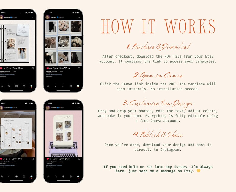 May include: A digital marketing guide titled "HOW IT WORKS" with instructions for purchasing, downloading, opening in Canva, customizing, and publishing designs. The guide includes screenshots of a phone displaying design templates and a calendar.
