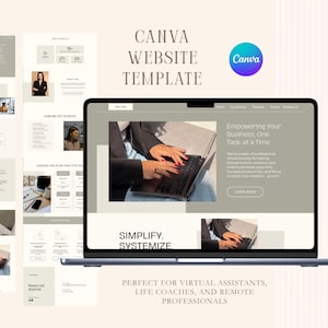 Puede incluir: Un portátil muestra una plantilla de sitio web con el logotipo de Canva. El diseño presenta una paleta de colores neutros con el texto "Empowering Your Business, One Task at a Time" y "Simplify. Systemize."