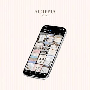 May include: A smartphone displaying a social media profile with a grid of images. The phone is black with a silver frame, angled against a soft pink and white striped background. The profile name is "Almeria Haus".