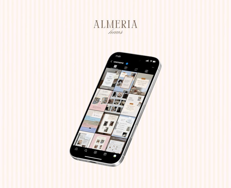 May include: A smartphone displaying a social media profile with a grid of images. The phone is black with a silver frame, angled against a soft pink and white striped background. The profile name is "Almeria Haus".