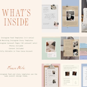May include: A digital product advertisement with the text "WHAT'S INSIDE" in a warm orange hue. The image showcases Instagram templates, including feed and story templates, carousel pages, and photos. The design is fully editable in Canva.