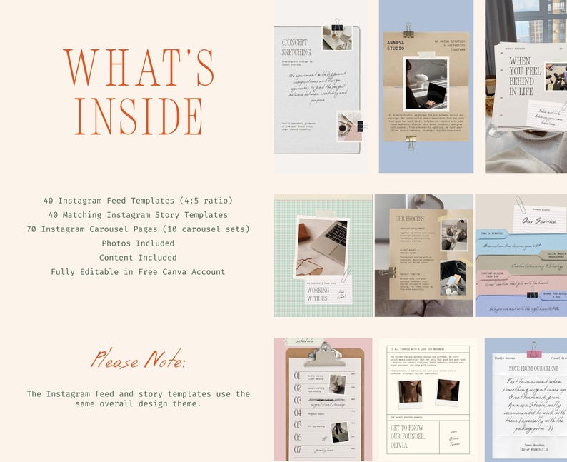 May include: A digital product advertisement with the text "WHAT'S INSIDE" in a warm orange hue. The image showcases Instagram templates, including feed and story templates, carousel pages, and photos. The design is fully editable in Canva.