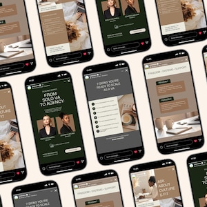 May include: Multiple smartphones displaying social media posts with text and images. The posts feature text like "7 Signs You're Ready to Scale as a VA" and "From Solo VA to Agency." The color scheme includes shades of green, brown, and white.
