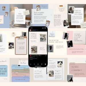 May include: A collage of social media marketing tips and advice, with a smartphone displaying an Instagram post. The image includes various notes, a clipboard, and a spiral-bound notebook, all with text and images related to branding and online presence.