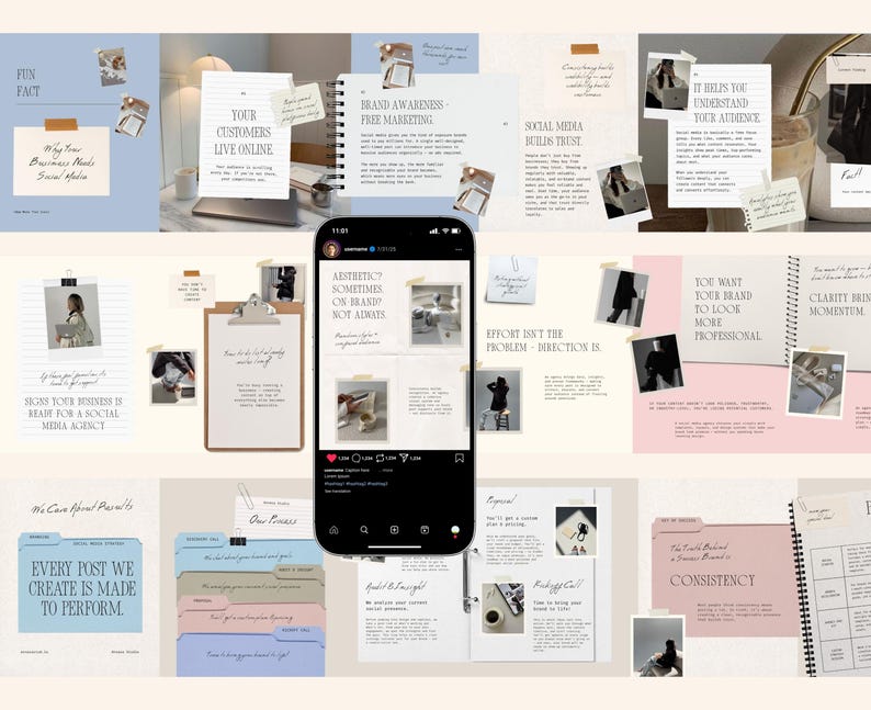 May include: A collage of social media marketing tips and advice, with a smartphone displaying an Instagram post. The image includes various notes, a clipboard, and a spiral-bound notebook, all with text and images related to branding and online presence.