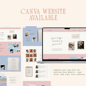 May include: A laptop displaying a website design with a pink and blue color scheme. The text "CANVA WEBSITE AVAILABLE" is at the top. The design includes images, text, and a quote. Additional website design examples are shown.