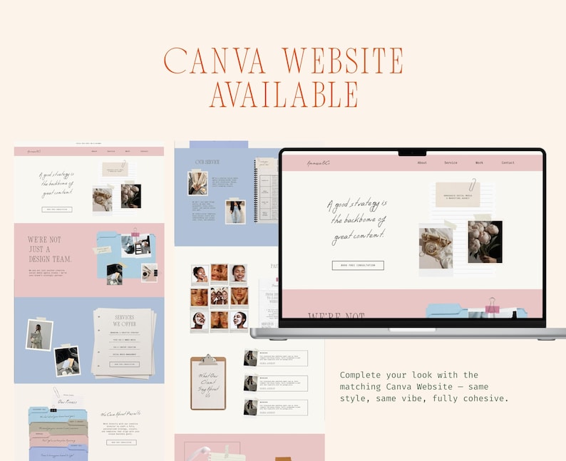 May include: A laptop displaying a website design with a pink and blue color scheme. The text "CANVA WEBSITE AVAILABLE" is at the top. The design includes images, text, and a quote. Additional website design examples are shown.