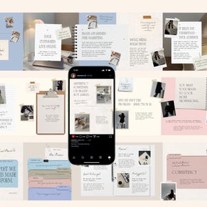 Puede incluir: Un collage de consejos y trucos de marketing en redes sociales, con un smartphone que muestra una publicación de Instagram. El diseño incluye cuadernos, notas adhesivas y fotos con texto como "Tus clientes viven en línea" y "Conocimiento de la marca - Marketing gratuito".