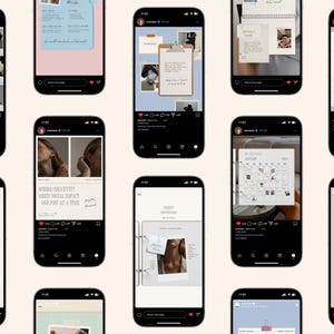 May include: Multiple smartphones displaying social media posts with various layouts. The posts feature images, text, and design elements, including a calendar, clipboard, and text that reads "Where creativity meets social impact one post at a time."