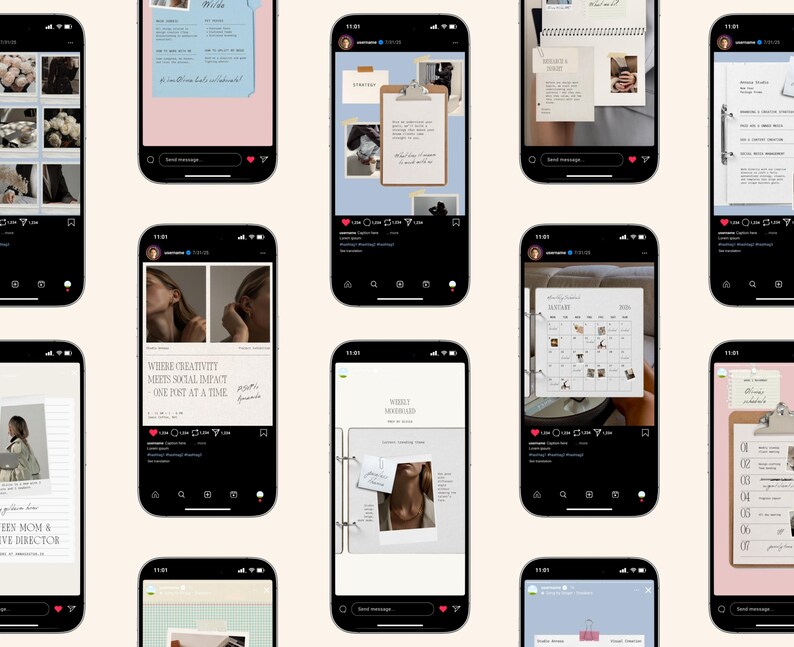 May include: Multiple smartphones displaying social media posts with various layouts. The posts feature images, text, and design elements, including a calendar, clipboard, and text that reads "Where creativity meets social impact one post at a time."