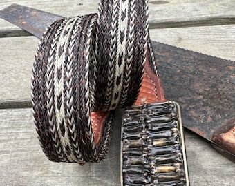 Horse Hair Tooled Leather Belt - Bone Buckle - Vintage Belt - Tan Leather - Braided Belt - Woven Belt