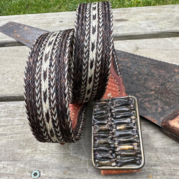 Horse Hair Tooled Leather Belt - Bone Buckle - Vintage Belt - Tan Leather - Braided Belt - Woven Belt