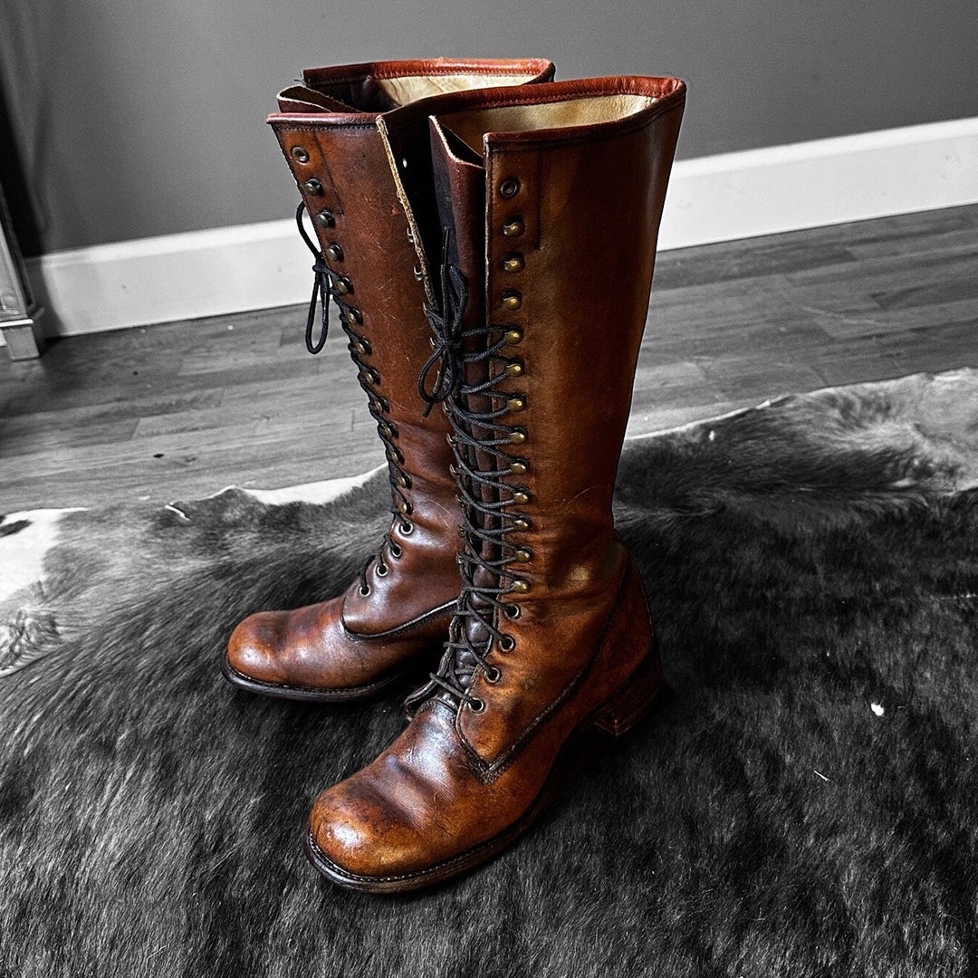 Vintage 70s Womens Lace up Frye Boots Black Label Frye Rare Find Size 7