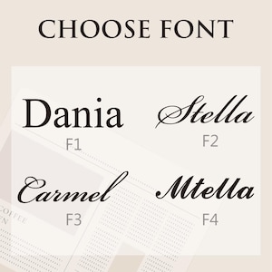 Puede incluir: Gr&aacute;fico con el texto "CHOOSE FONT" en la parte superior. Debajo, cuatro opciones de fuente: Dania, Stella, Carmel y Mtella, cada una con una etiqueta (F1, F2, F3, F4). Las fuentes son negras sobre un fondo beige claro.