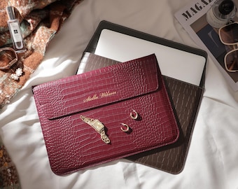 Personalized Crocodile Embossed Vegan Leather Laptop Case, Portfolio Stand Cover