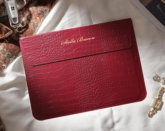 Personalized Retro Red Crocodile Print Vegan Leather Laptop Case with Stand