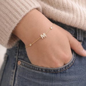 925 Silver Initial Bracelet with Cubic Zirconia, Dainty Letter Bracelet with Rose Gift Box and Heart Card, Gift for Her