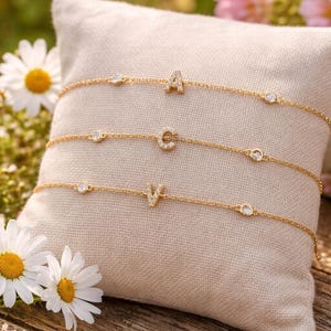 Dainty Gold Plated Silver Initial Bracelet, Tiny Zircon Letter Bracelet for Everyday Wear, Minimal Stacking Jewelry for Her