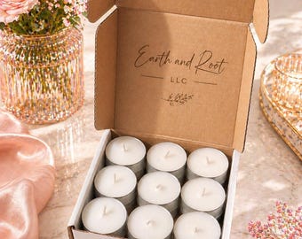 Velas de té de lujo de cera de soja / Paquete de 18 / Velas naturales de combustión limpia / Set de regalo minimalista / Decoración relajante para el hogar / Earth & Root LLC