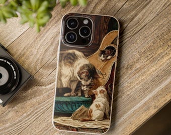 Telefonskal med kattmålning, retrokonst-skal för iPhone, Magsafe-kompatibelt, biologiskt nedbrytbart mobilskal, present till henne