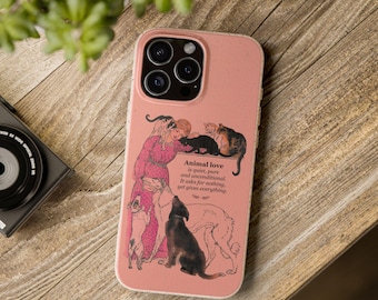 Telefonskal med vintagekonst och kattmotiv, iPhoneskal med retrokonstillustration, biologiskt nedbrytbart mobilskal, Magsafe-kompatibelt, present till henne