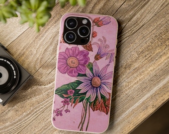 iPhoneskal med rosa blommor, enkelt blommigt telefonskal, mobilskal med vintagekonst, biologiskt nedbrytbart, Magsafe-kompatibelt, present till henne
