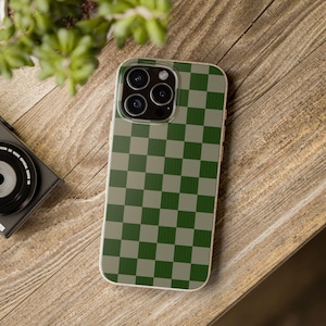 Green Checkered Phone Case, Minimalist iPhone Case, Grid Mobile Cover, Dark Green Pattern, Gift for Brother
