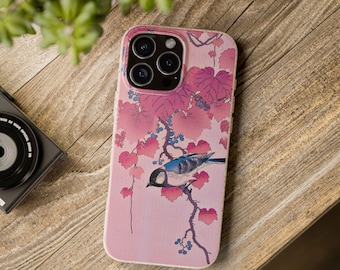 Japanskt konstmobilskal, retrokonstmobilskal, mobilskal med rosa fågelillustration, Magsafe-kompatibelt, biologiskt nedbrytbart, present till henne