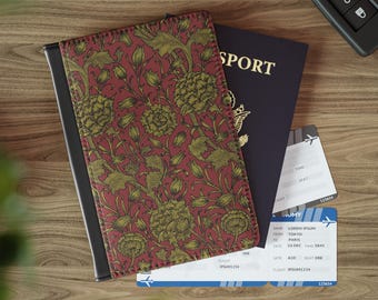 Rött blommigt passfodral, reseplånbok i läder med vintagekonstverk, botaniskt passfodral, dekorativ design, present till honom