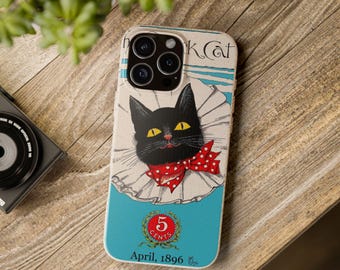 Svart katttelefonskal, retrokonstillustration för iPhone, biologiskt nedbrytbart mobilskal, Magsafe-kompatibelt, present till henne