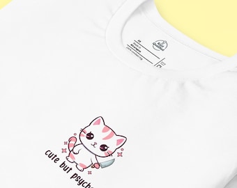 Camiseta de gato lindo pero psicópata / Estampado de bolsillo Yandere divertido / Camiseta gótica pastel kawaii / Regalo minimalista para amantes de los gatos