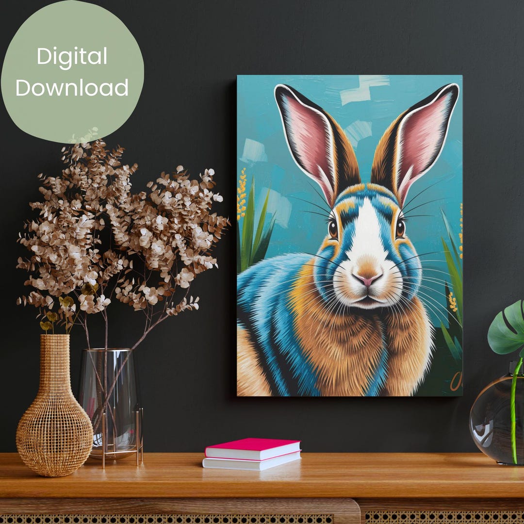 Colorful Blue & Orange Bunny Wall Art Print | Modern Animal ...