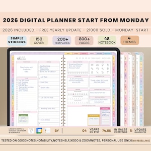 May include: A digital planner for 2026, starting on Monday, with a pink and white theme. The planner includes 800+ pages, 48 notebooks, 4 themes, 200+ templates, and 150 covers. It also includes simple stickers and free yearly updates.