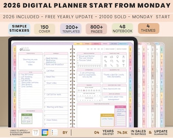 Planificador digital 2026 con pegatinas: páginas imprimibles en PDF para planificación diaria, semanal y mensual.