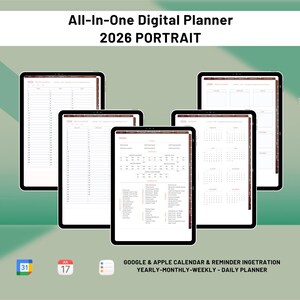 May include: Digital planner for 2026 in portrait format. The image shows several tablets displaying yearly, monthly, weekly, and daily planner pages. The text on the image reads "All-In-One Digital Planner 2026 PORTRAIT" and "GOOGLE & APPLE CALENDAR & REMINDER INGETRATION YEARLY-MONTHLY-WEEKLY - DAILY PLANNER."