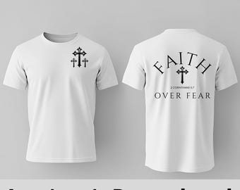 Projekt graficzny wersetu chrześcijańskiego „Wiara ponad strachem” – cyfrowy projekt koszulki z wersetem biblijnym – projekt sublimacji, plik do pobrania