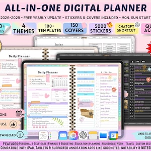 May include: Digital planner with a pink and white design, featuring the text "All-In-One Digital Planner." Includes 600+ pages, 4 themes, 100+ templates, 150 covers, and 5000 stickers. Offers calendar integrations, easy use, and instant download.