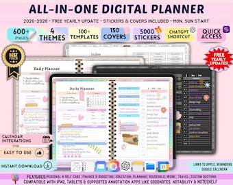 Agenda digital todo en uno 2026, 2027, 2028. Agenda digital, diario digital, plantilla digital GoodNotes, semanal, diaria, notas + Notability.