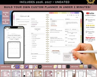 Planificador digital (2026, 2027 y sin fecha): planificador diario, semanal y mensual; planificador para Android y iPad para Notability; registro de hábitos en PDF.