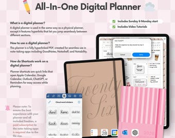 Agenda digital vertical 2026, 2027, 2028 y sin fecha, compatible con Goodnotes (diario, semanal, Notability) y iPad.