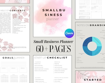 Plantilla editable de Canva para planificador de pequeñas empresas: organizador de estrategia empresarial digital, seguimiento de ventas, estrategia, gastos y redes sociales.