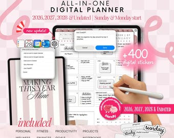 Digitale planner portret 2026 2027 2028 en ongedateerd, Goodnotes-planner, dagelijkse planner, weekplanner, notabele planner, iPad-planner