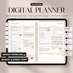 Puede incluir: Un planificador digital en una tableta, con el texto "ALL-IN-ONE DIGITAL PLANNER". El planificador incluye secciones para la programación, notas y seguimiento de hábitos. Incluye 6 temas de color, 720+ páginas, 80+ plantillas, 50+ portadas y 1600+ pegatinas.